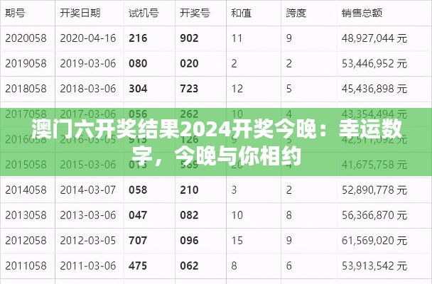 澳门六开奖结果2024开奖今晚：幸运数字，今晚与你相约