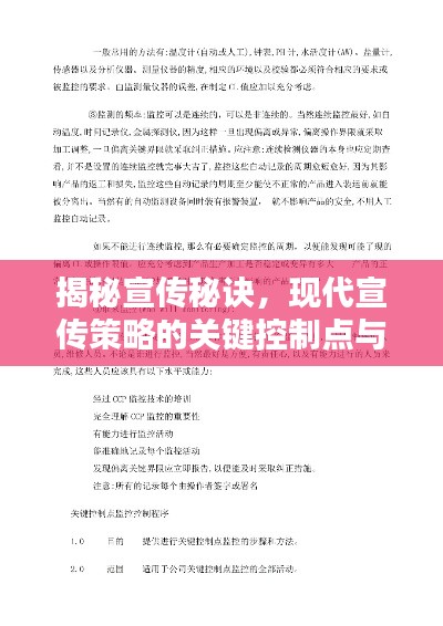 揭秘宣传秘诀，现代宣传策略的关键控制点与深度解析