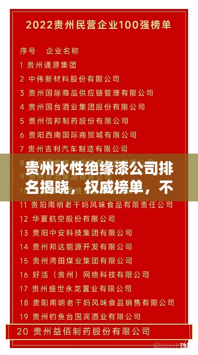 贵州水性绝缘漆公司排名揭晓，权威榜单，不容错过！